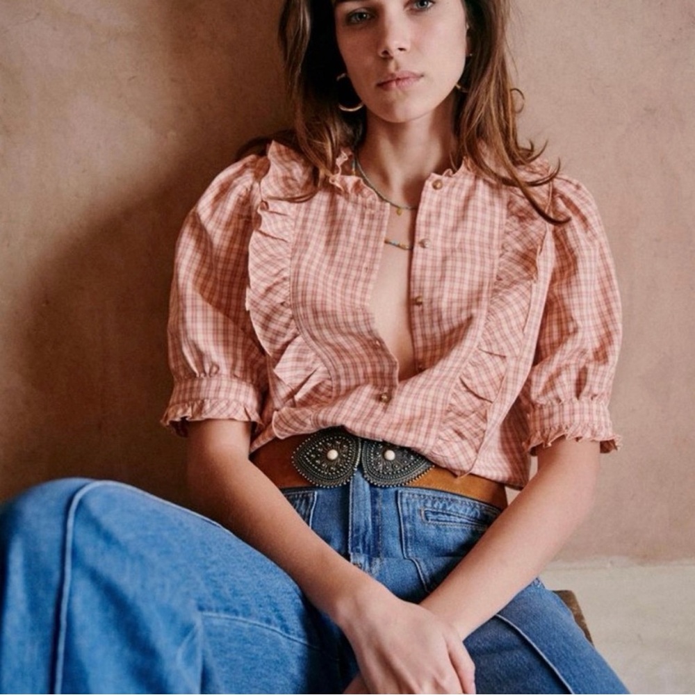 Sezane Chemise Guillemette Carreaux Rose Top
